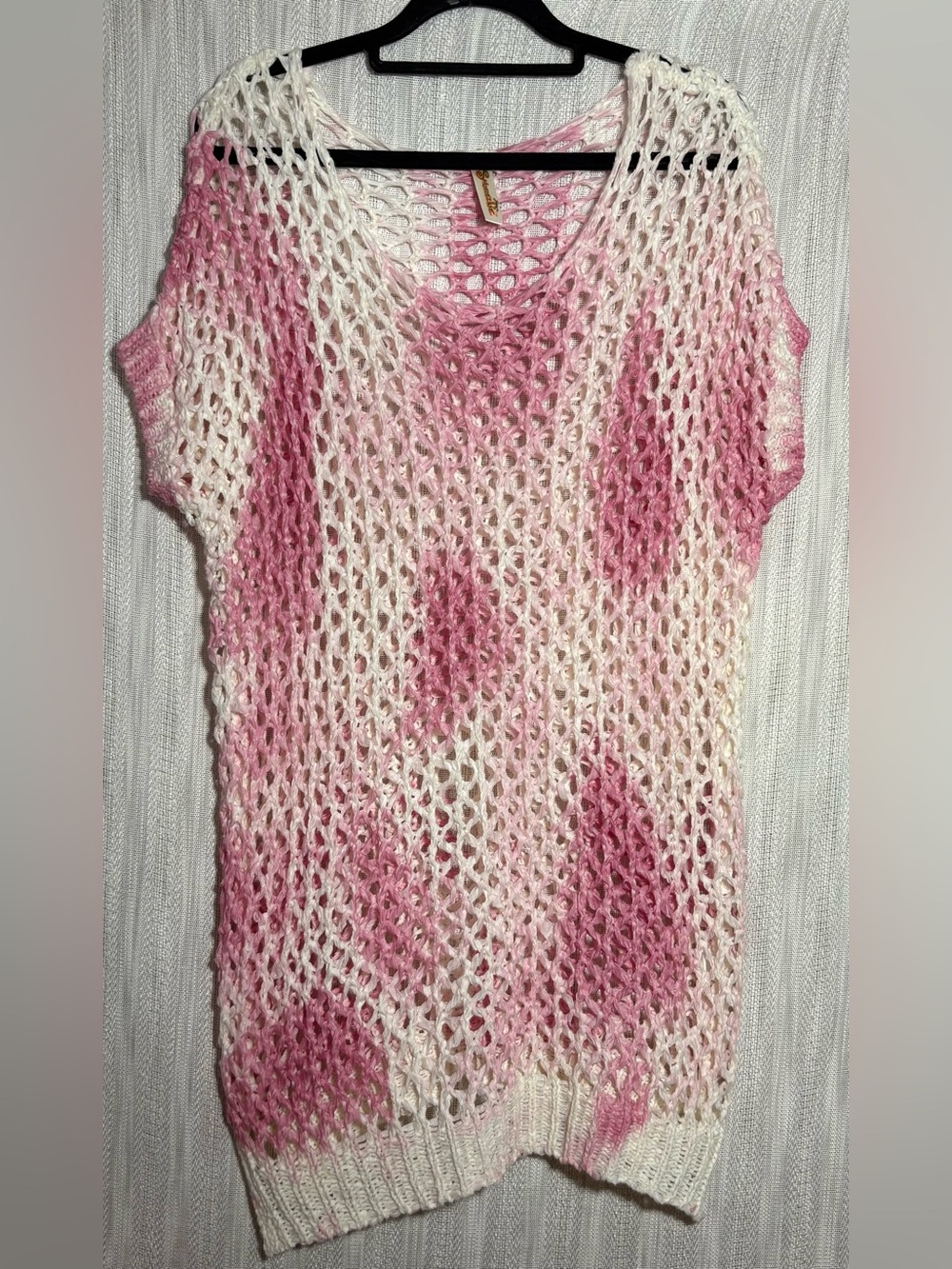 Pink & White Variegated Open Stitch Crochet Knit Short Sleeve Tunic Top